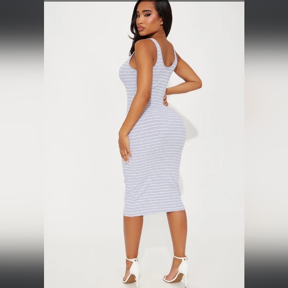 "NWT" Grey & White Striped Midi Bodycon Dress - Picture 2 of 2